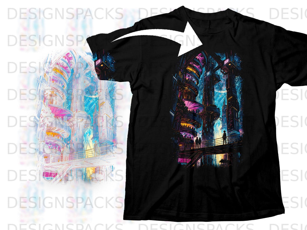Black t-shirt with a futuristic cityscape graphic featuring spiraling towers and small figures.