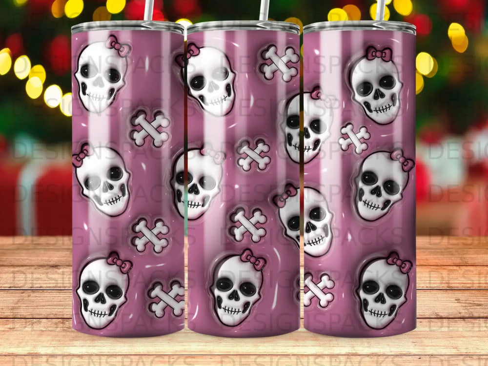 Pink striped tumbler with skull and crossbones pattern.