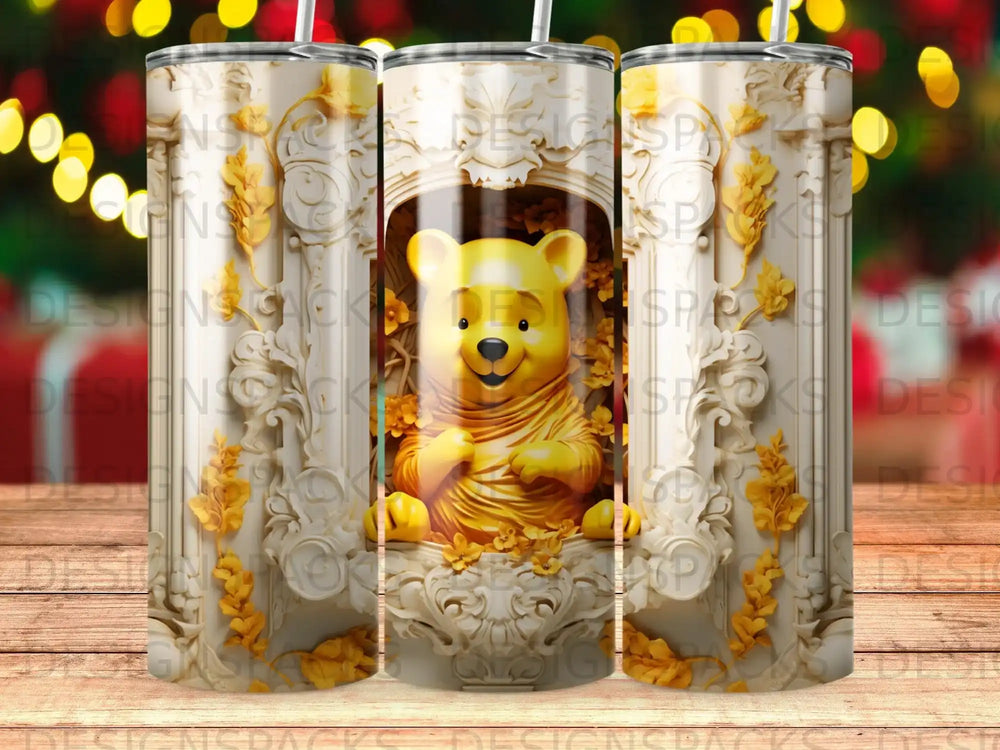 Winnie the Pooh peeking through ornate golden architectural frame.