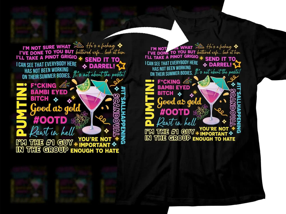Black t-shirt with colorful cocktail-themed quotes and hashtags, perfect for fun summer outfits.
