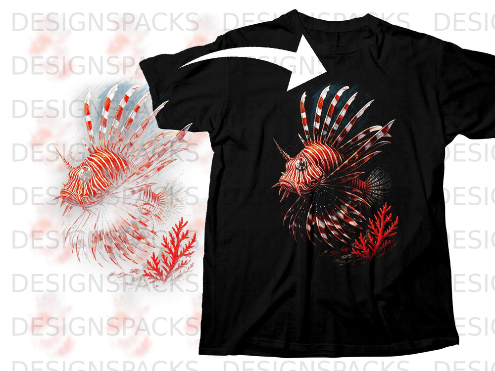 Black t-shirt with a red and white striped lionfish and coral graphic.