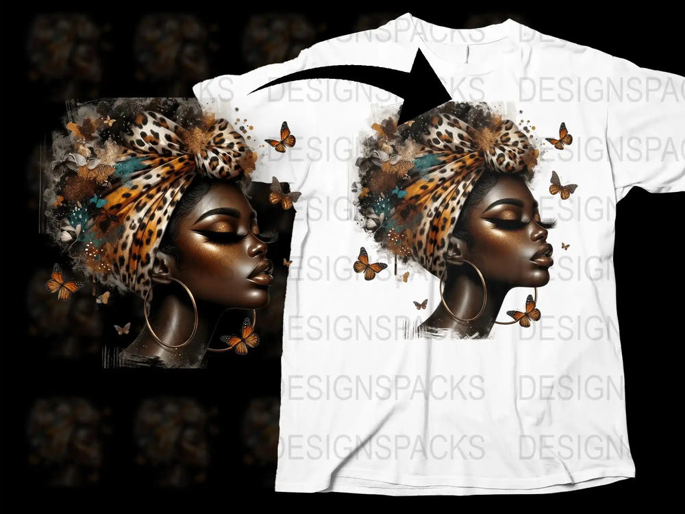 African Queen Graphic T-Shirt, Leopard Print Bow, Butterfly Accents, Fashion Tee for Women