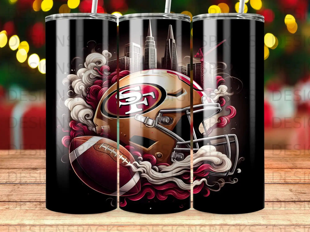 San Francisco 49ers helmet and football with city skyline.