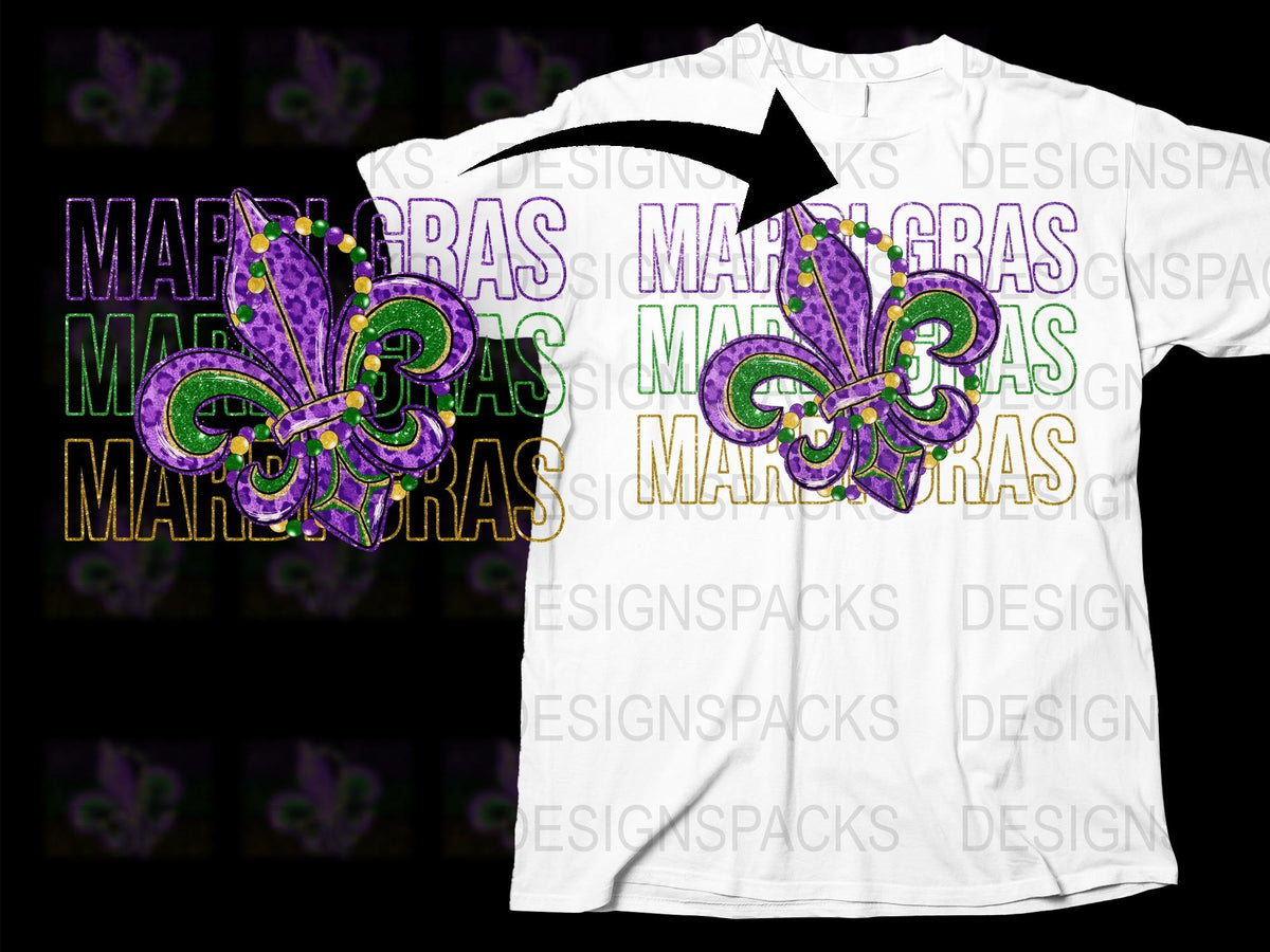 Mardi Gras T-Shirt Fleur-de-Lis Design Purple Green Gold Festive Carnival Celebration Party Wear Unisex Tee