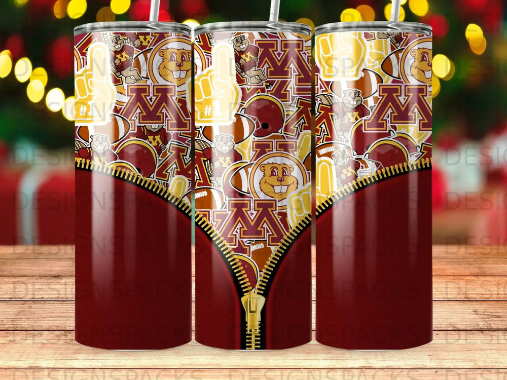 Maroon and gold Minnesota Golden Gophers tumbler with mascot and football graphics.