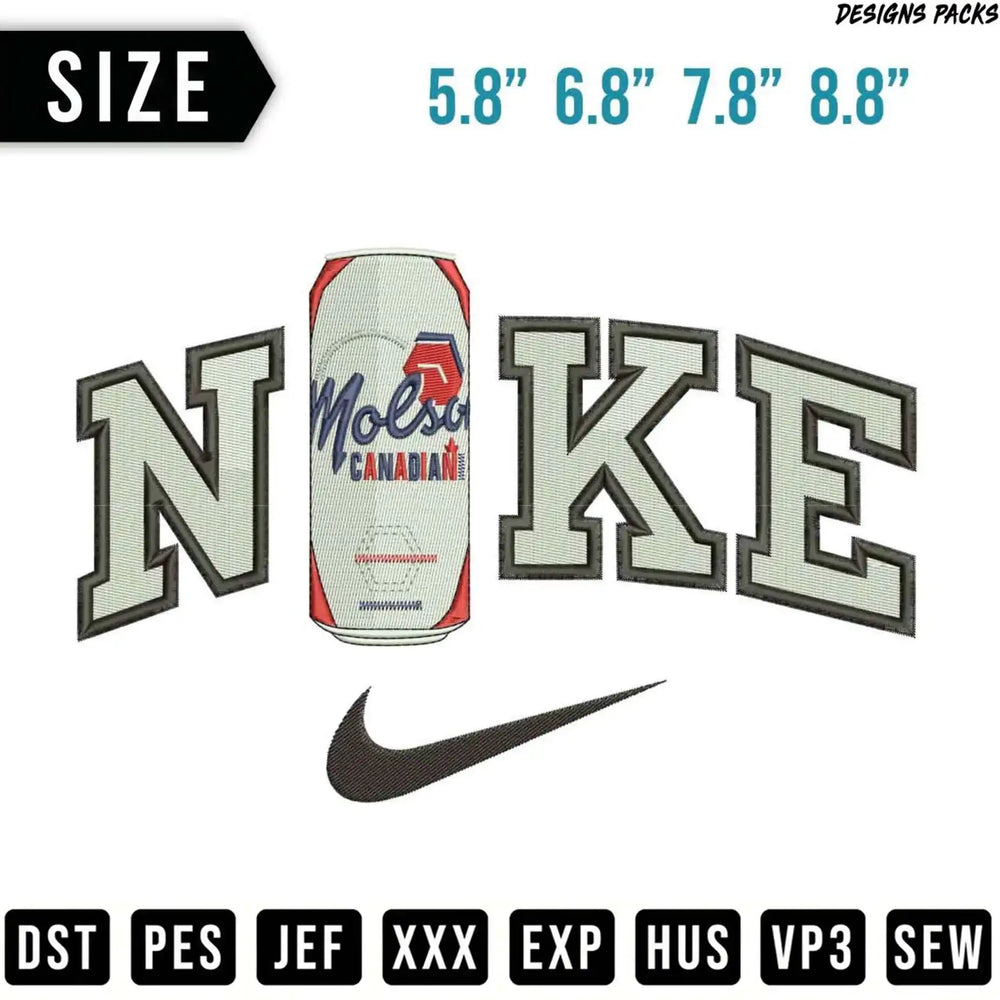Nike logo with a beer can and size options displayed.