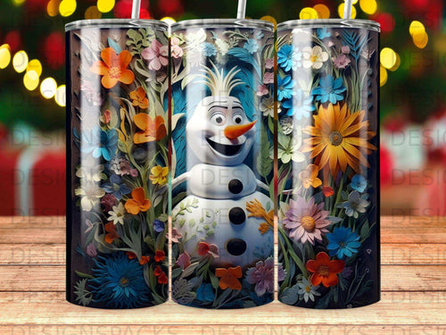 Olaf the snowman surrounded by colorful flowers and foliage.