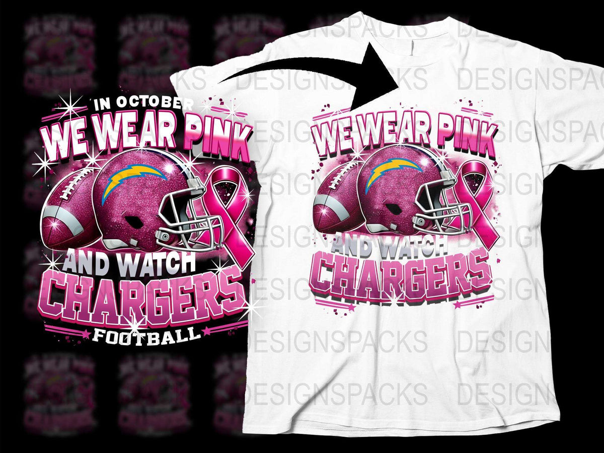 Pink Chargers Football T-Shirt, October Breast Cancer Awareness Tee, Graphic Sports Fan Apparel