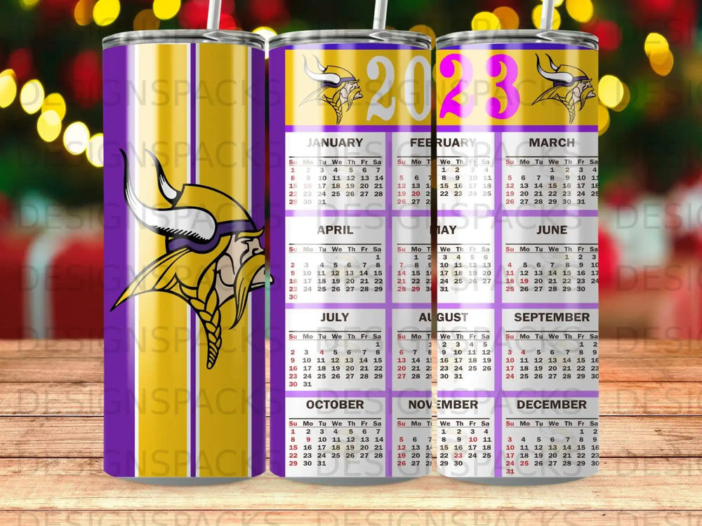 2023 calendar design on a cylindrical object with purple and gold accents.