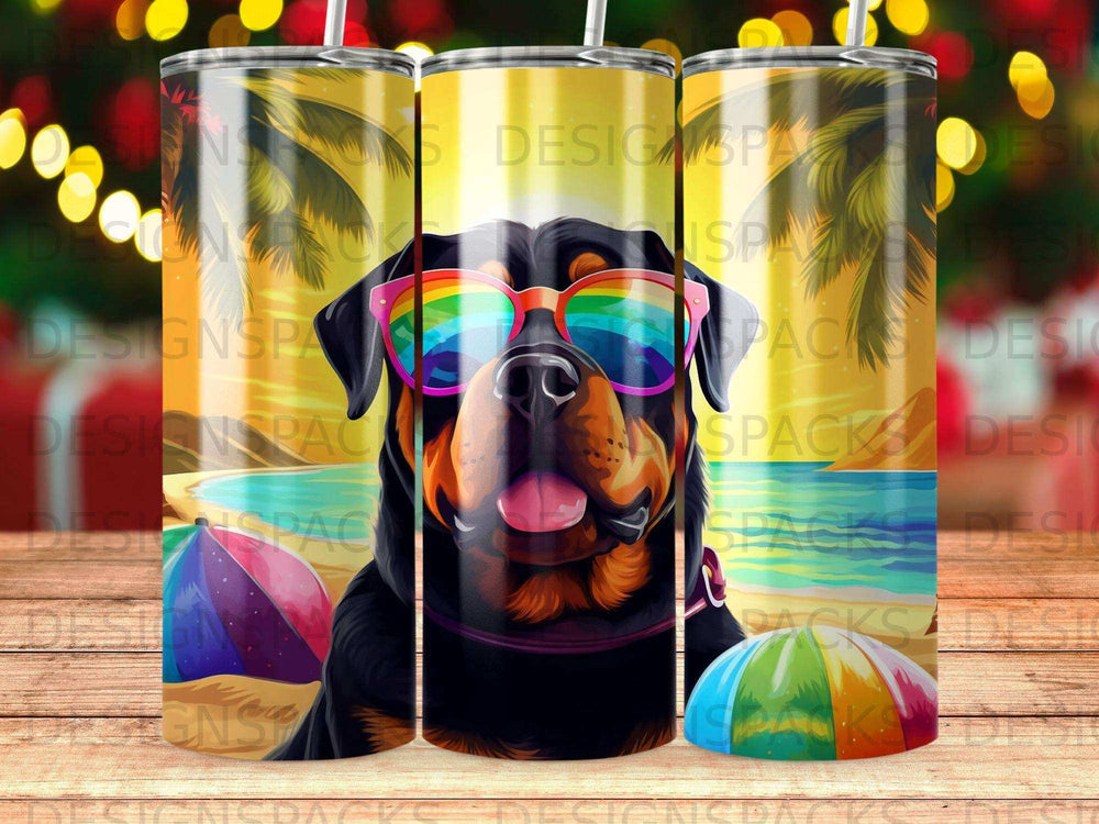 Rottweiler wearing sunglasses on a beach with colorful beach balls.