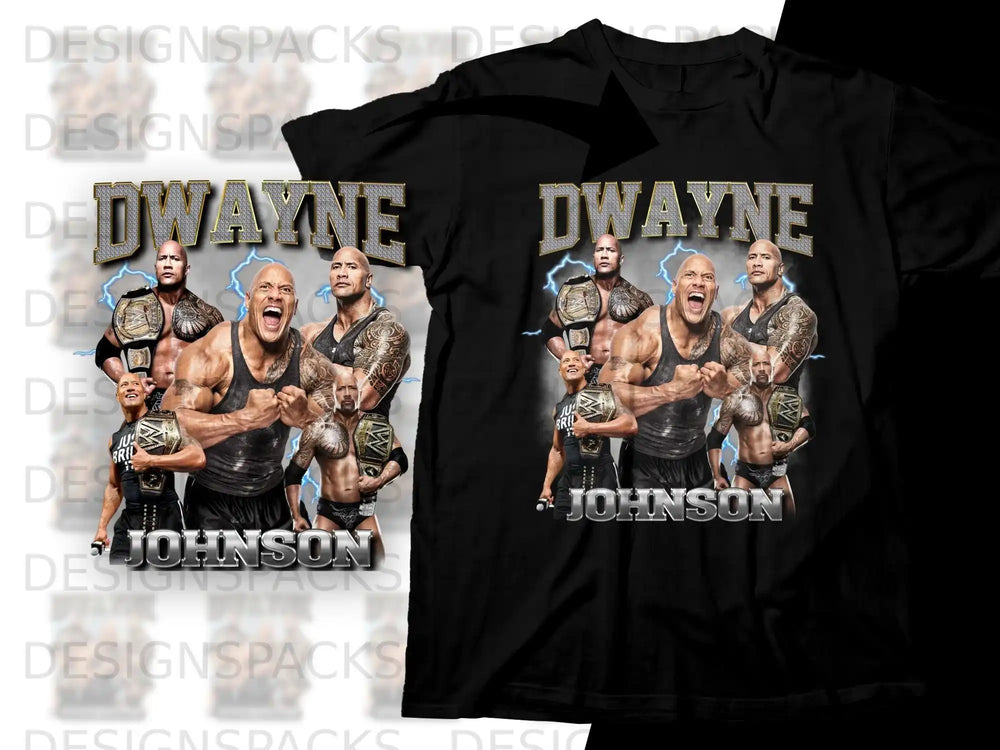 Black t-shirt with Dwayne "The Rock" Johnson collage featuring multiple action poses.