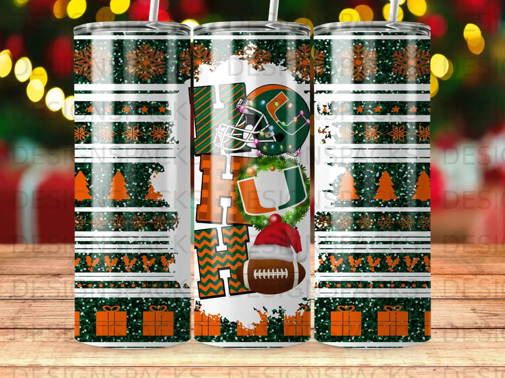 Three tumblers with holiday patterns and "HO HO HO" text.