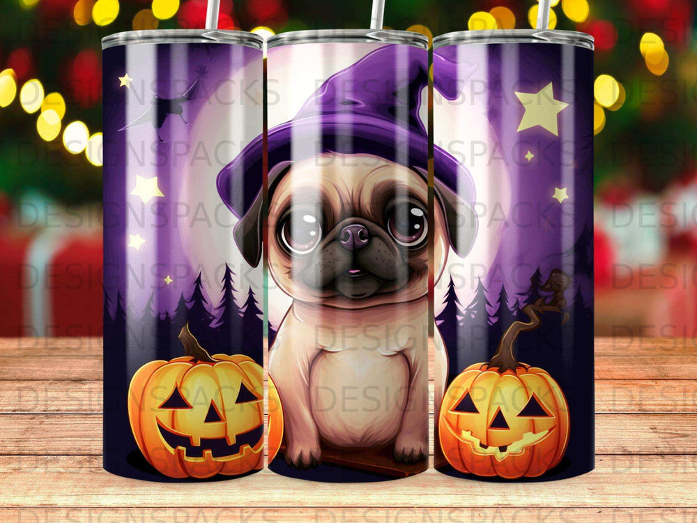 Pug with Halloween pumpkins and spooky background design.