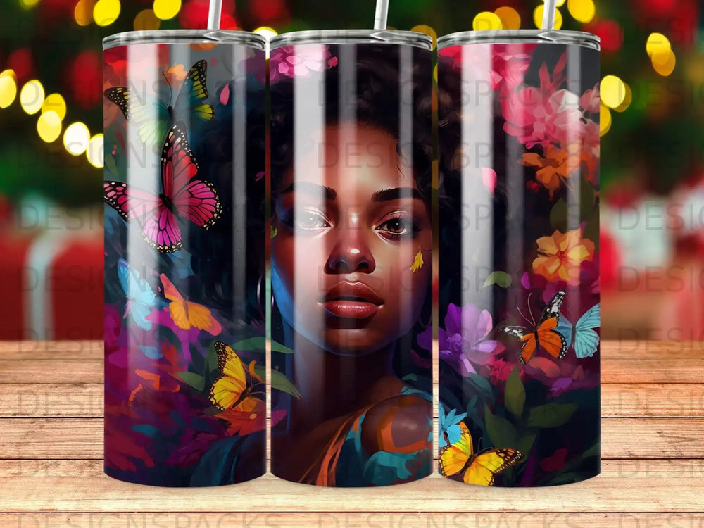 Woman's face surrounded by vibrant butterflies and colorful flowers.