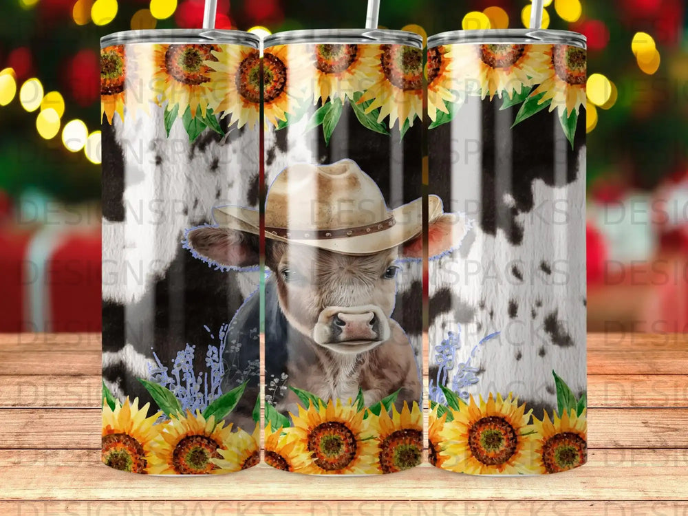 Cow with sunflowers and cowboy hat pattern on a tumbler.