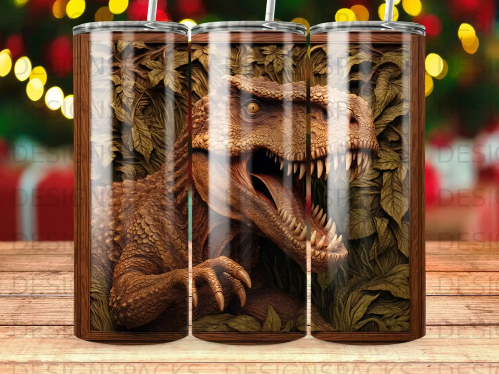 Brown Tyrannosaurus Rex with sharp teeth, surrounded by leaves.