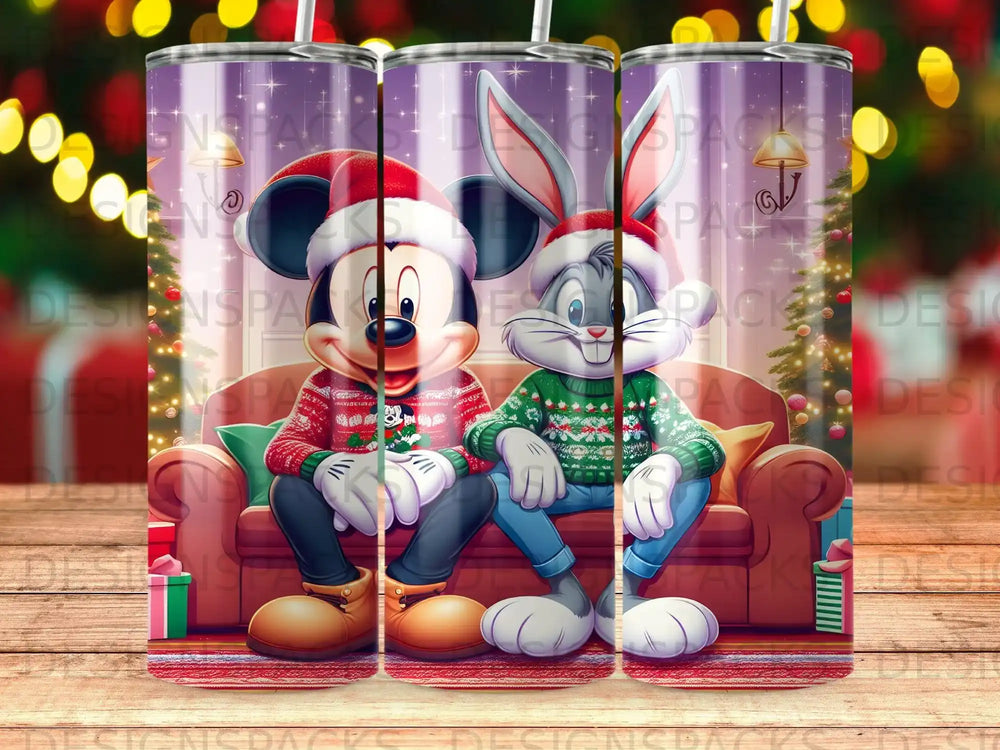 Mickey Mouse and Bugs Bunny in holiday sweaters sit on a couch.