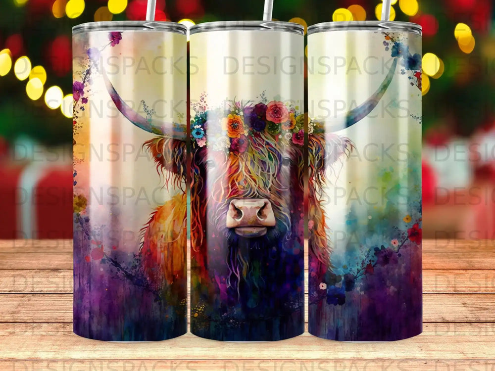 Highland cow with colorful flowers around its head on a patterned tumbler.