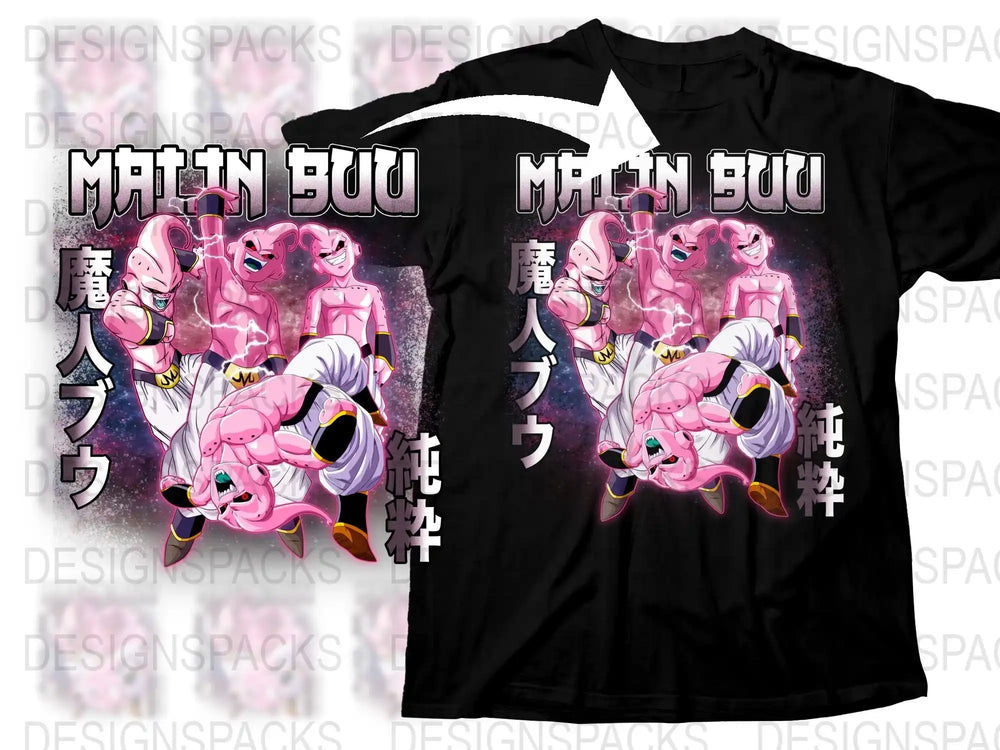 Anime Inspired Majin Buu T-Shirt, Pink Villain Graphic Tee, Japanese Text, Fan Art Apparel