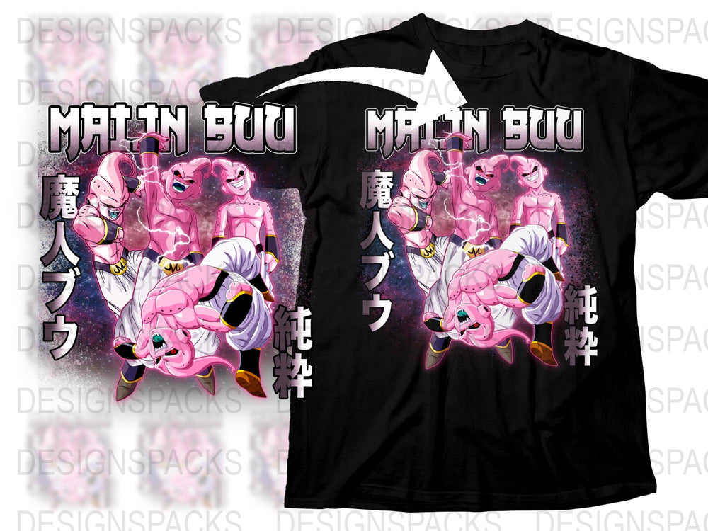 Anime Inspired Majin Buu T-Shirt, Pink Villain Graphic Tee, Japanese Text, Fan Art Apparel