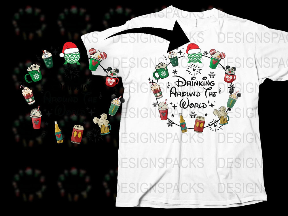 Festive Holiday T-Shirt Around the World Drinking Theme Christmas Graphic Tee Unisex Cotton Shirt Fun Party Wear