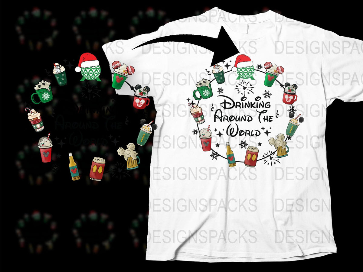 Festive Holiday T-Shirt Around the World Drinking Theme Christmas Graphic Tee Unisex Cotton Shirt Fun Party Wear