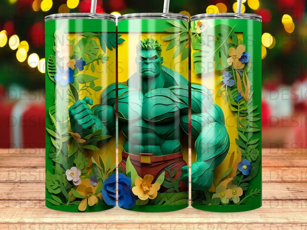 The Incredible Hulk in a jungle setting with flowers and plants.