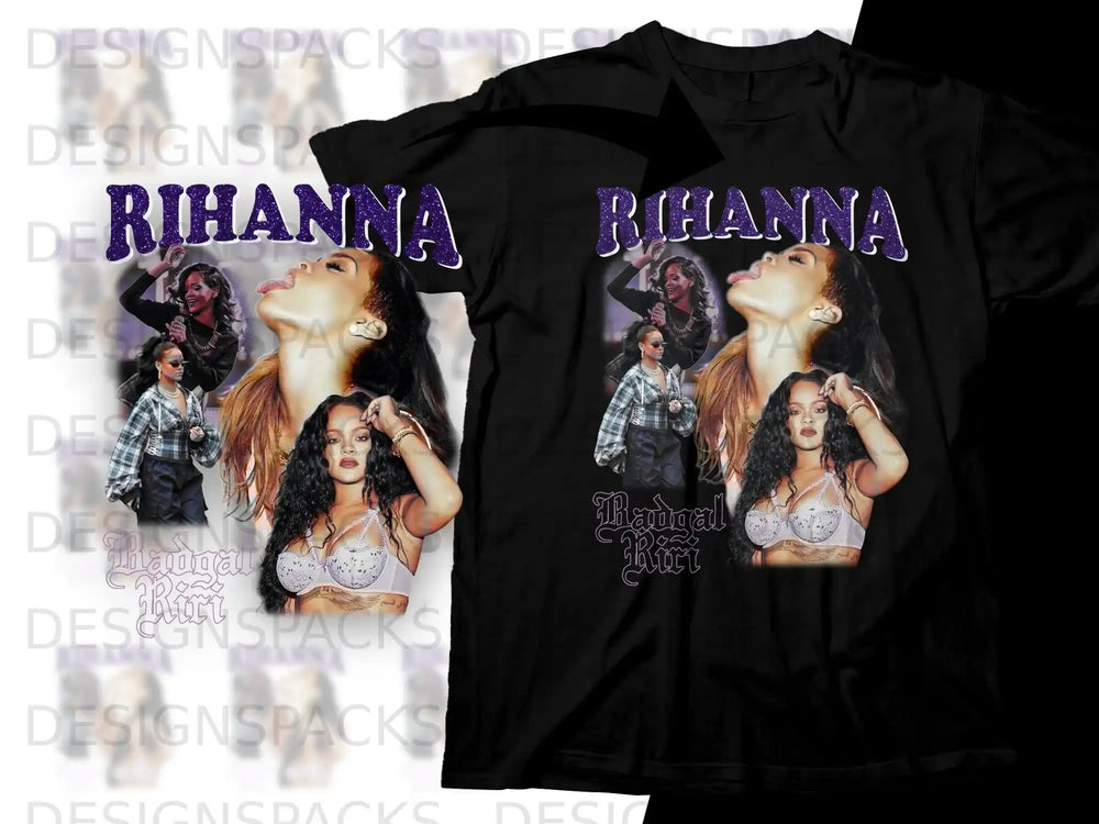 Black t-shirts featuring Rihanna with "Rihanna" and "Riri" text.