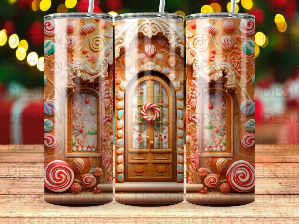 Gingerbread house with candy cane accents and holiday lights.