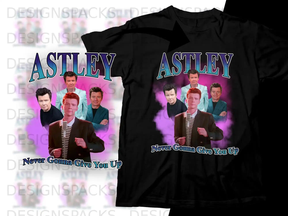 Rick Astley t-shirt with "Never Gonna Give You Up" text and multiple images.