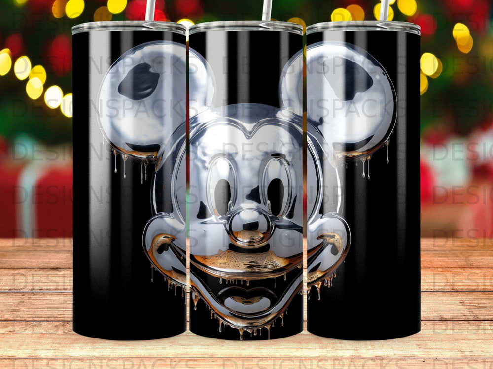 Mickey Mouse head with dripping metallic finish on a black tumbler.