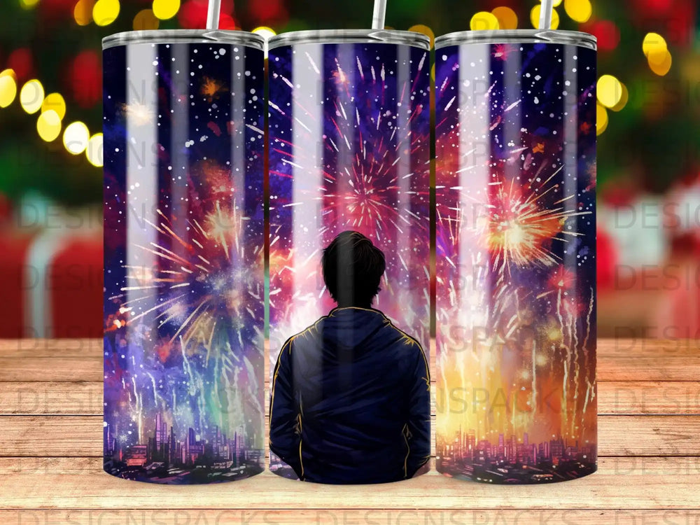 Person in hoodie watches colorful fireworks explode over a city skyline.