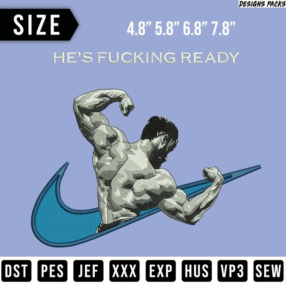 Embroidered design of muscular man flexing inside Nike swoosh, with text.