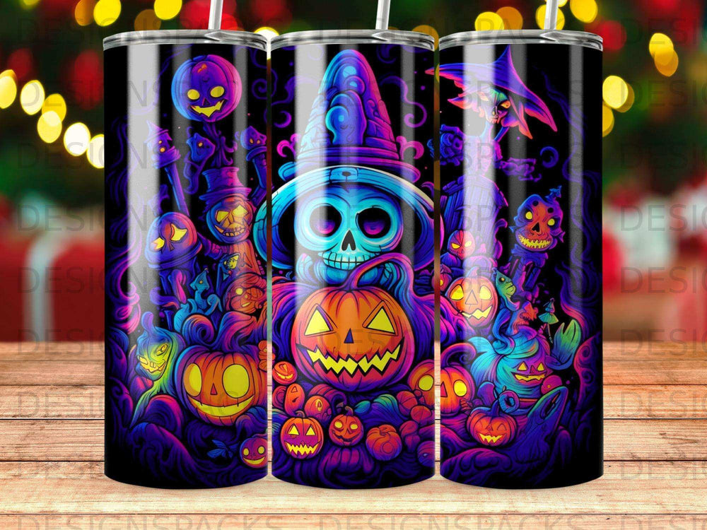Halloween-themed tumbler with a skull, pumpkins, and spooky characters.