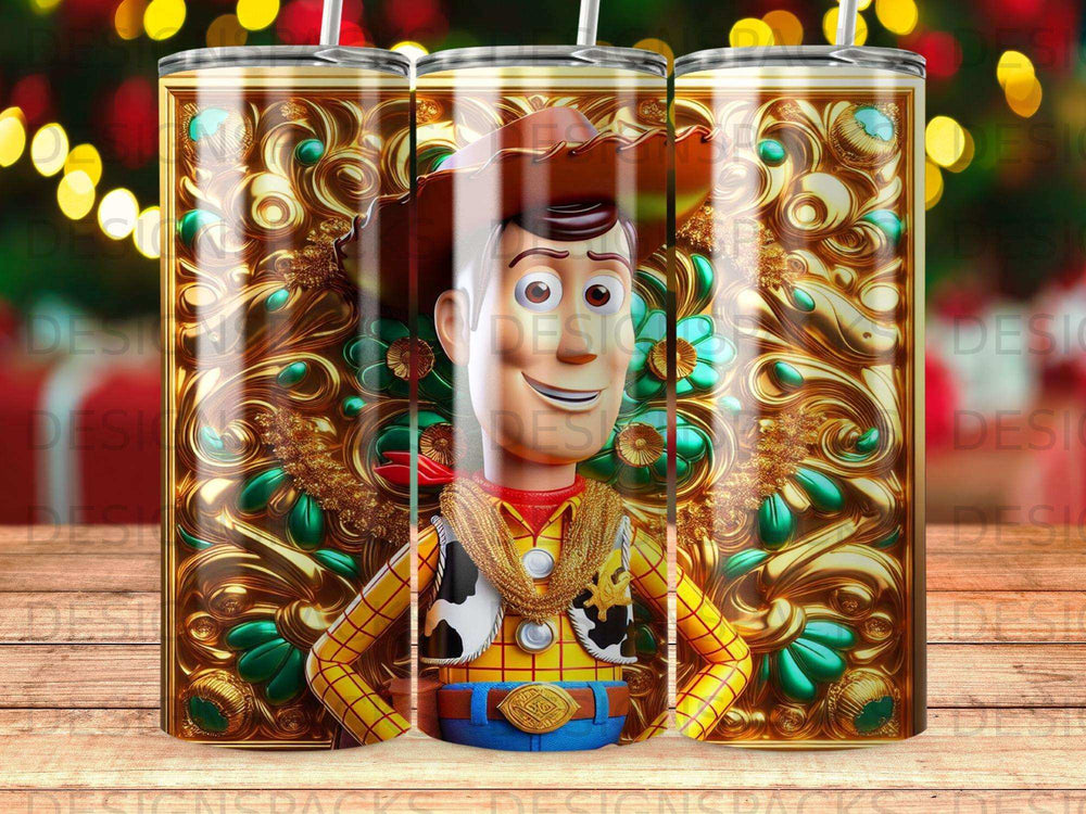 Woody from Toy Story with a golden embossed background.