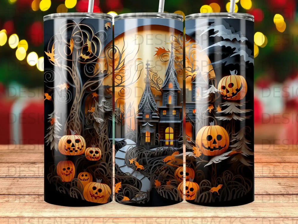 Halloween castle with pumpkins and bats under a full moon.