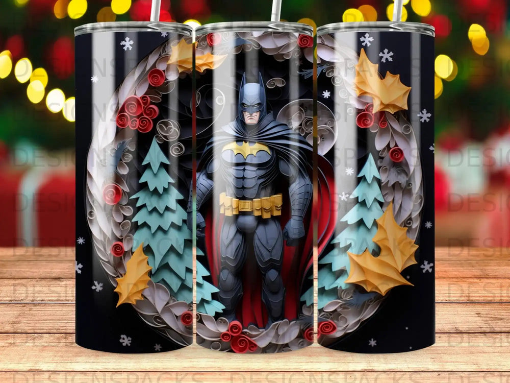 Batman stands in a festive circular design with trees and autumn leaves.