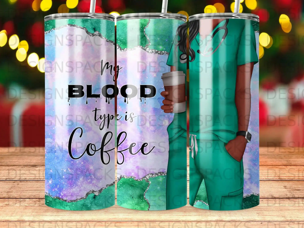 Tumbler with medical-themed "Blood type is Coffee" design.