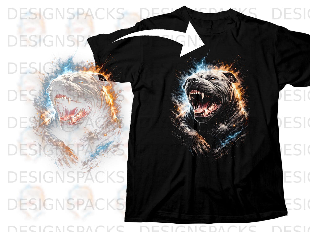 Black t-shirt featuring a roaring pitbull with fiery and electric effects.