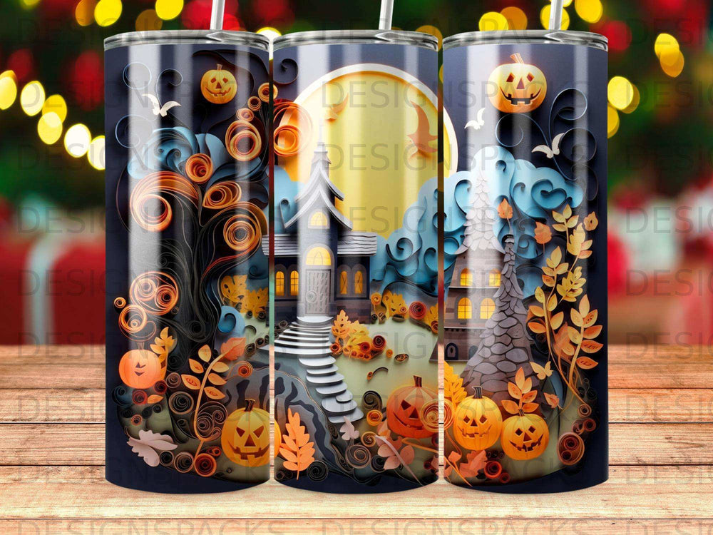 Halloween tumbler with pumpkins, haunted house, and swirling autumn trees.