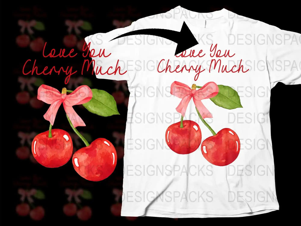 Cherry Graphic T-Shirt 'Love You Cherry Much' Cute Fruit Design with Bow