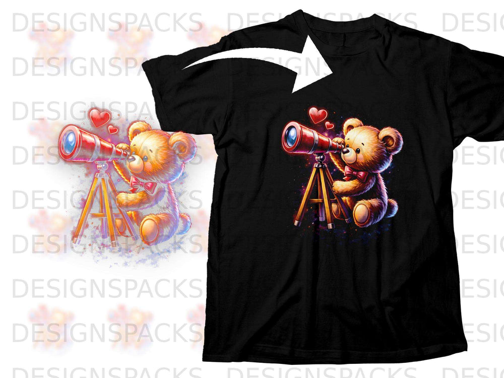 Black t-shirt with a teddy bear looking through a telescope, surrounded by hearts.