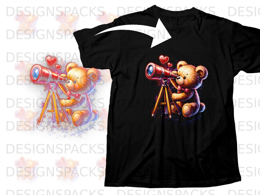 Black t-shirt with a teddy bear looking through a telescope, surrounded by hearts.