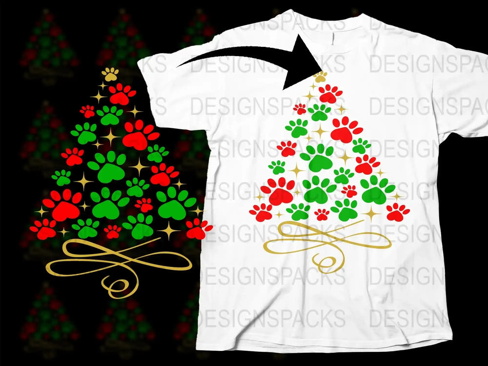 Festive Christmas Tree T-Shirt, Holiday Paw Print Design, Colorful Family Apparel
