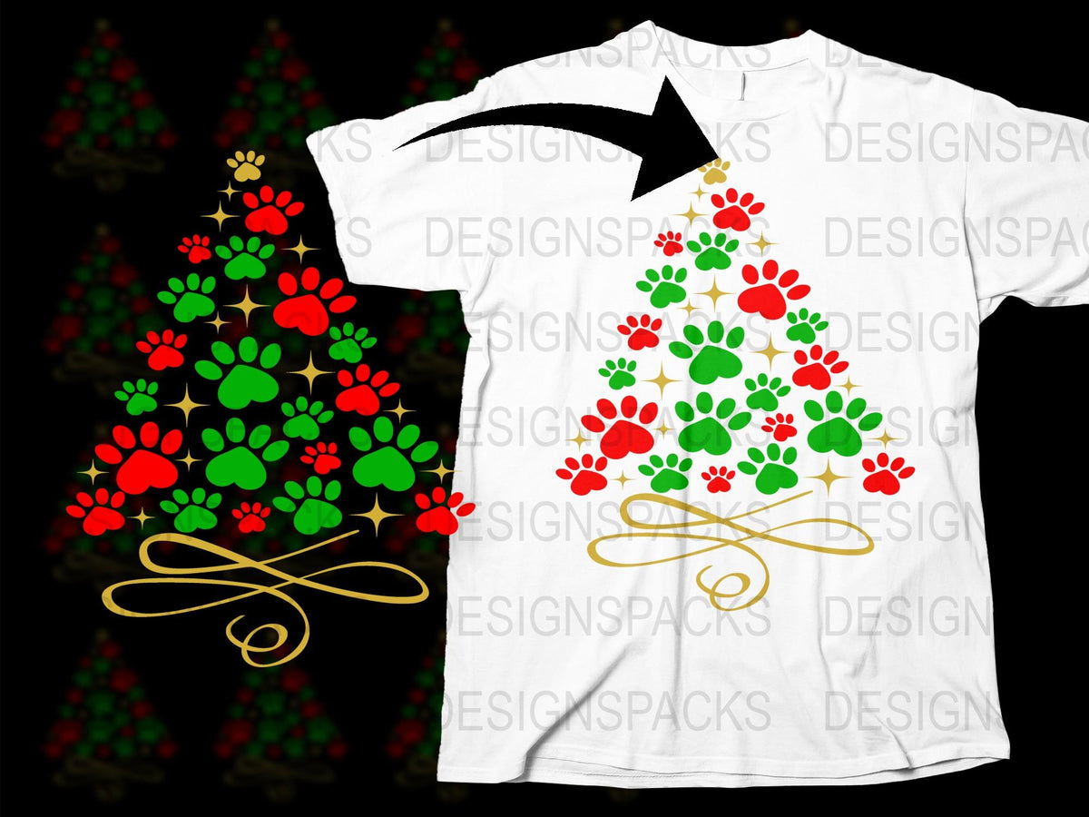 Festive Christmas Tree T-Shirt, Holiday Paw Print Design, Colorful Family Apparel