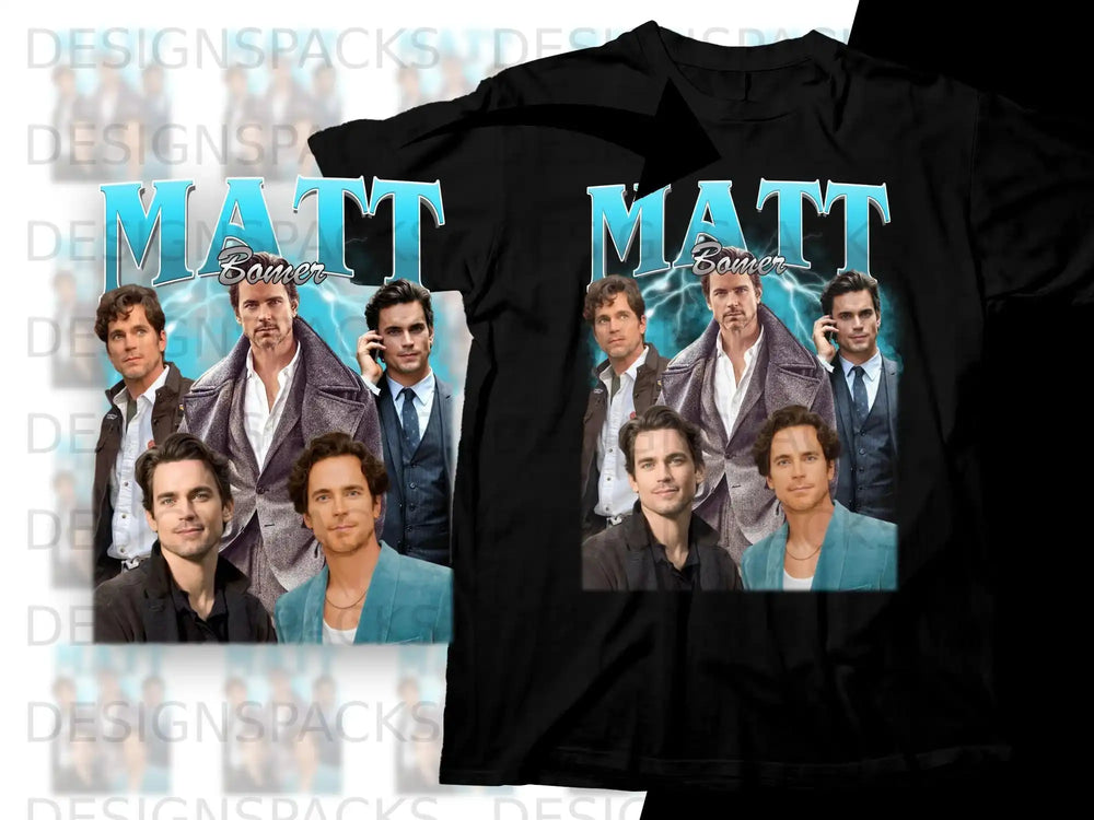 Two t-shirts featuring Matt Bomer in a collage of three portraits.
