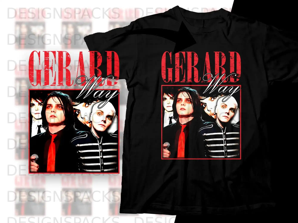 Black t-shirt featuring Gerard Way's portrait in a black and white striped jacket and red tie.