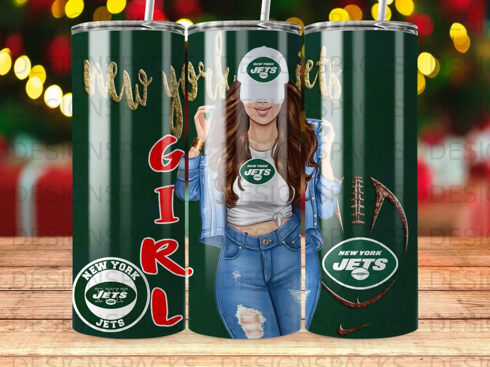 New York Jets fan wearing team gear on a tumbler wrap.