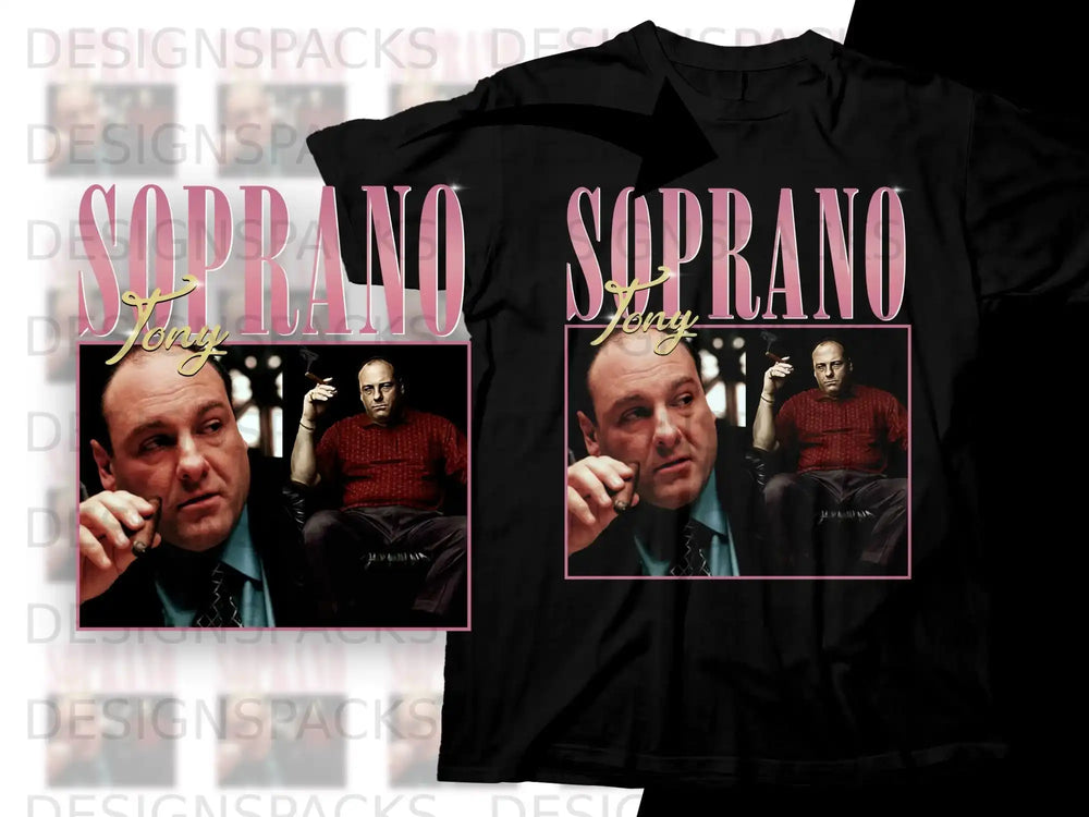 Tony Soprano character graphic with "Soprano" title on black t-shirt.