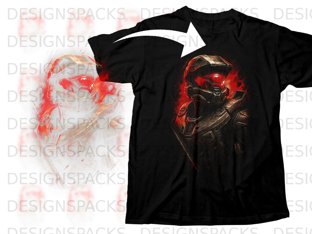 Black t-shirt with a red and gold warrior helmet graphic on the chest.